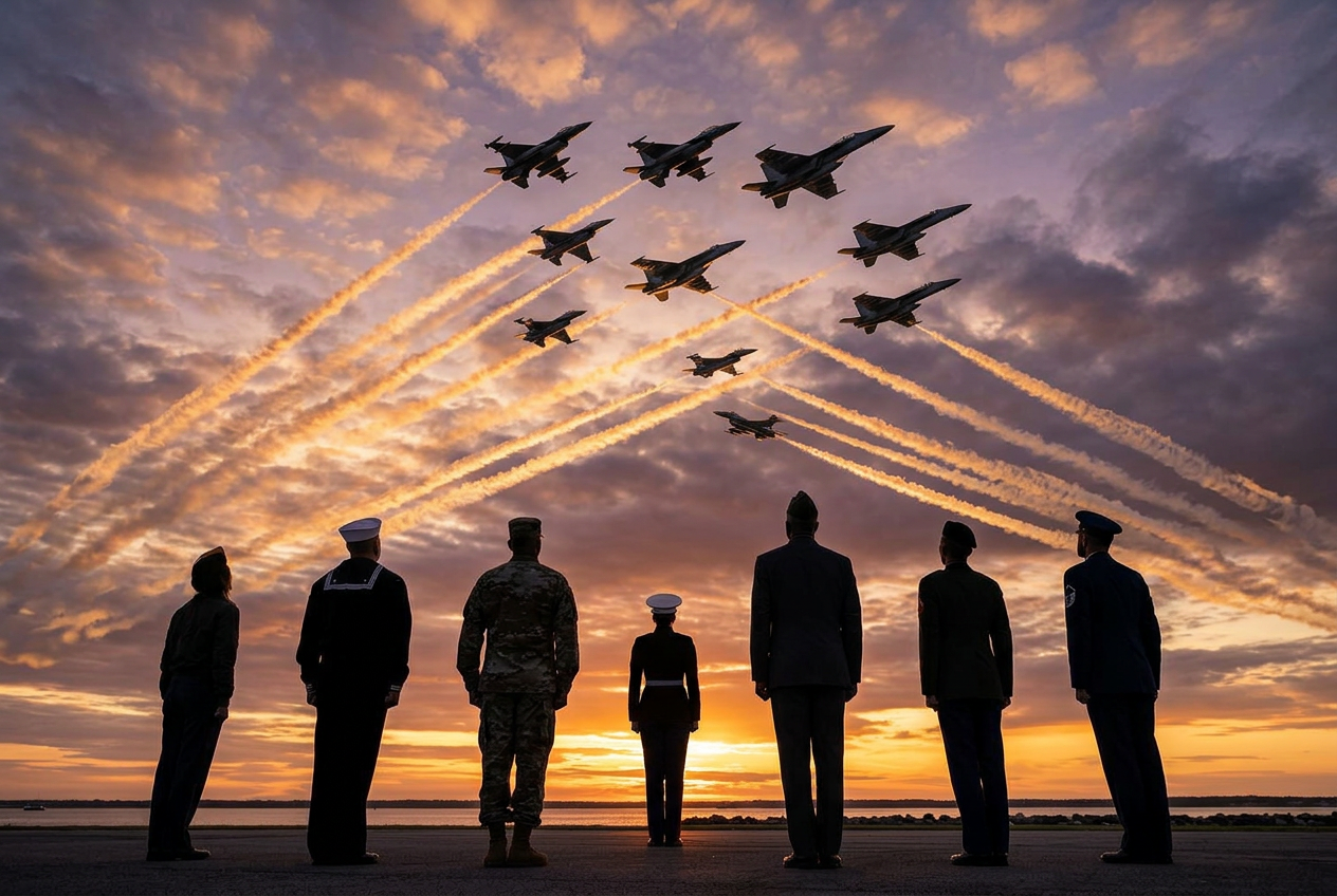Veteran in civilian clothes at sunrise looking toward a city skyline